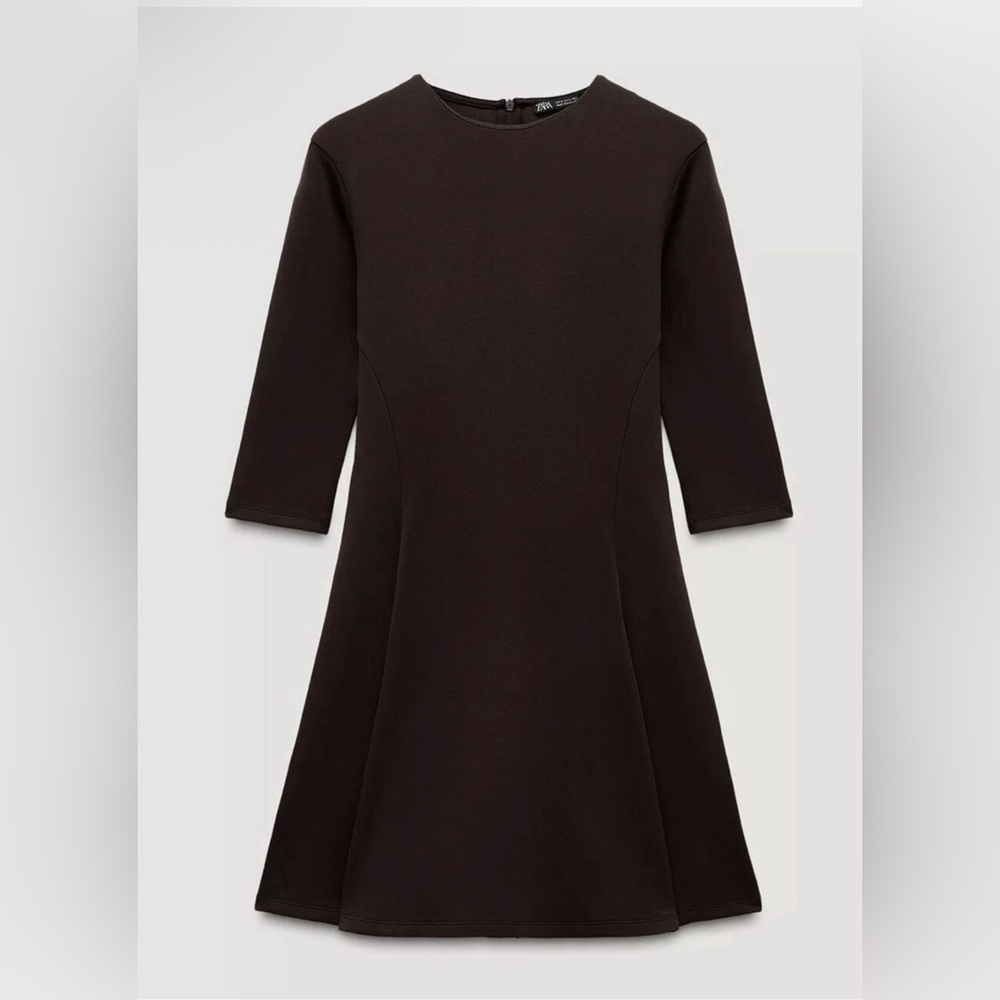 Zara Brown 3/4 Sleeve Fit & Flare Mini Dress